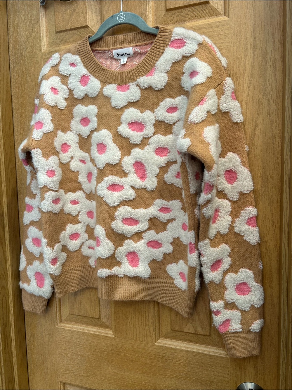 &merci Camel Floral Crewneck Sweater with Pink Accents - Picture 2 of 5